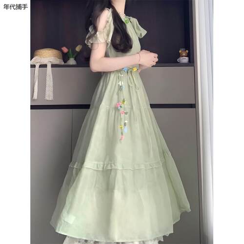 法式甜美蝴蝶结绿色洋装