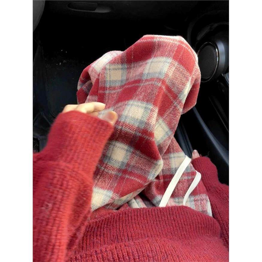 红色加绒加厚格子裤女2025秋季新款慵懒宽松高个子秋冬毛呢阔腿裤