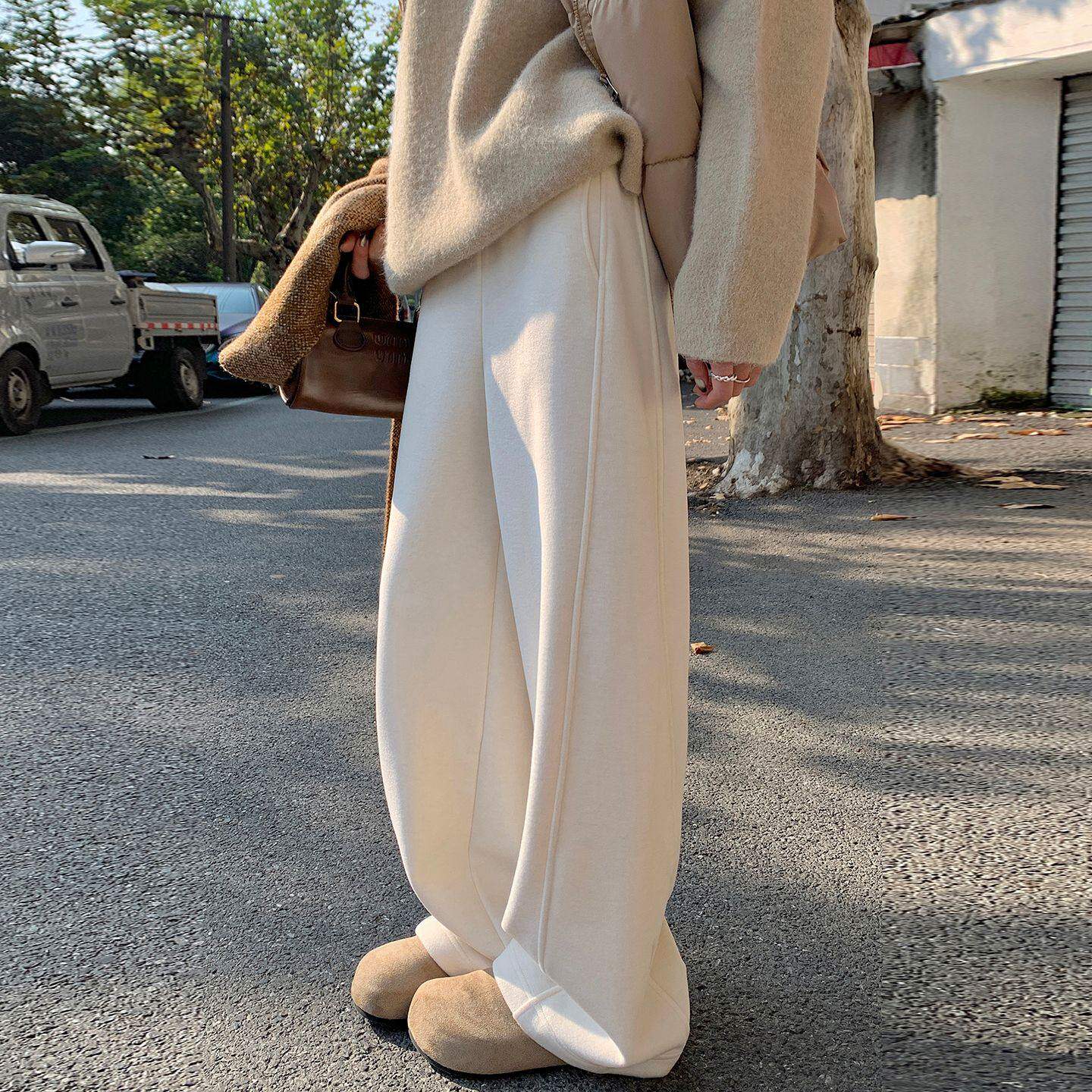 白色羊绒糯米阔腿裤女秋冬加绒加厚毛呢裤子高腰直筒垂感弯刀卫裤