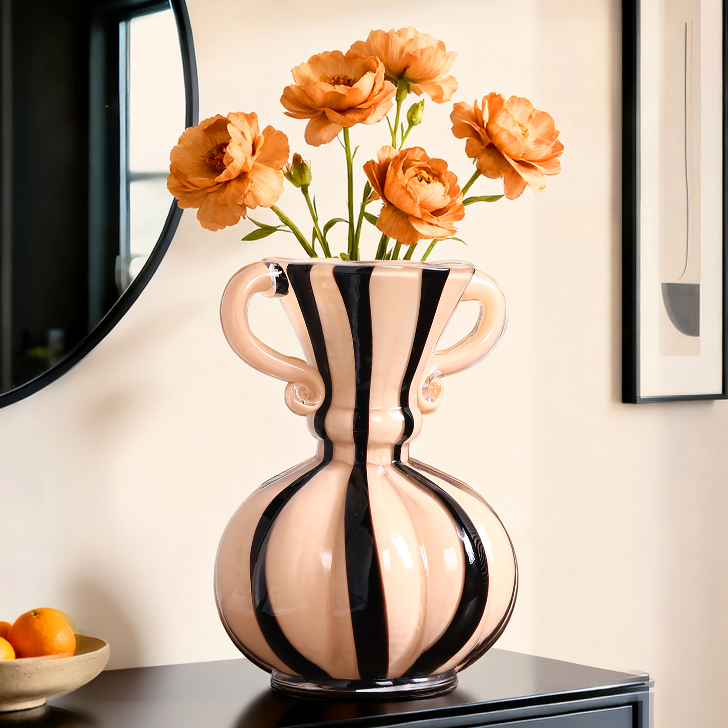 法式花瓶奶油风轻奢艺术客厅桌面装饰品2025新款黑色复古玻璃花器