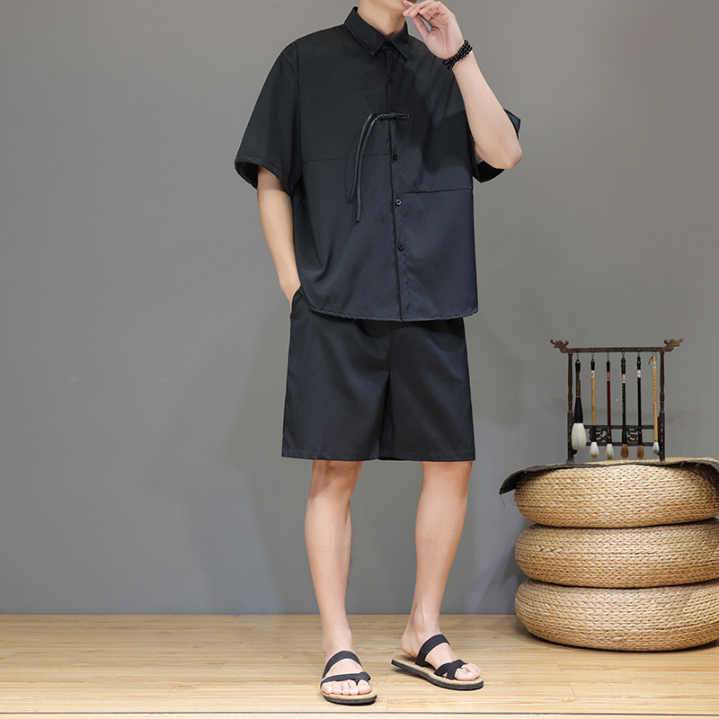 现货风新款冰丝短袖衬衫套装男七分裤短裤XZ221-6-tz16-P60,男装牛仔裤,星座221-6