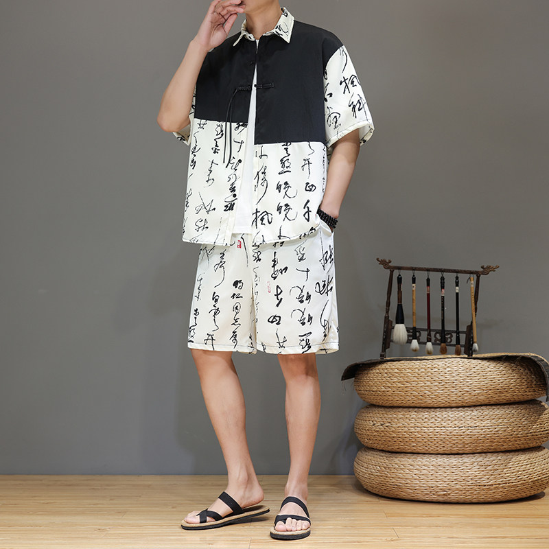 现货风夏季冰丝短袖衬衫套装男七分短裤XZ221-6-tz15-P60,男装牛仔裤,星座221-6