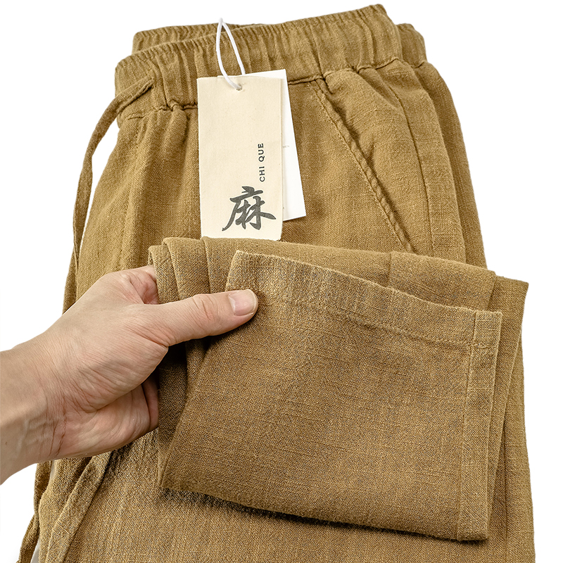 棉麻九分裤男士直筒宽松夏季薄款松紧腰棕色中国风亚麻休闲裤子男