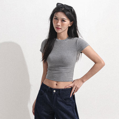 灰色小圆领性感露脐短袖T恤女夏