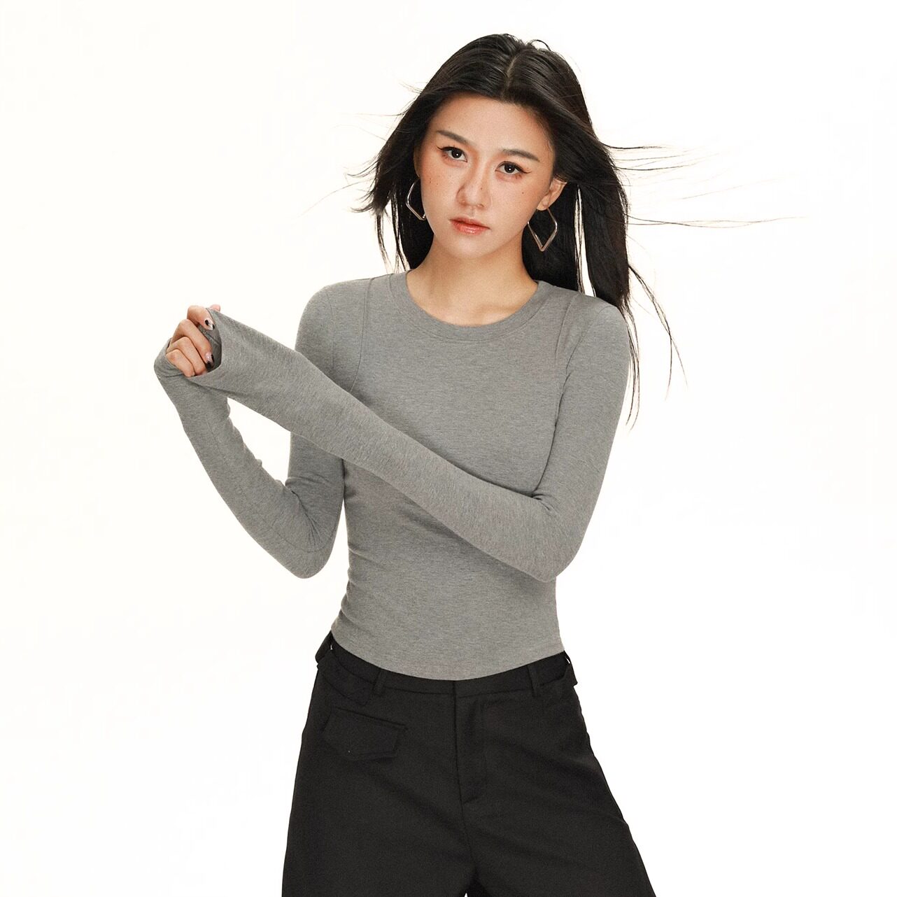 欧美风长袖百搭紧身打底衫女磨毛秋季冬超好看拼接鱼骨设计感上衣