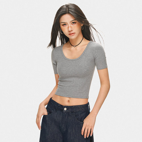 春夏季纯欲风低U领短袖百搭T恤女