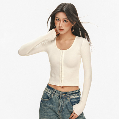 2025秋冬季长袖短款纯欲风辣妹美式T恤女纽扣开衫打底衫高腰上衣