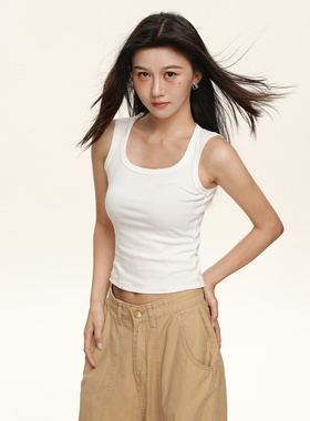 白色辣妹吊带背心女外穿纯棉无袖宽肩带百搭方领露脐遮副乳上衣夏