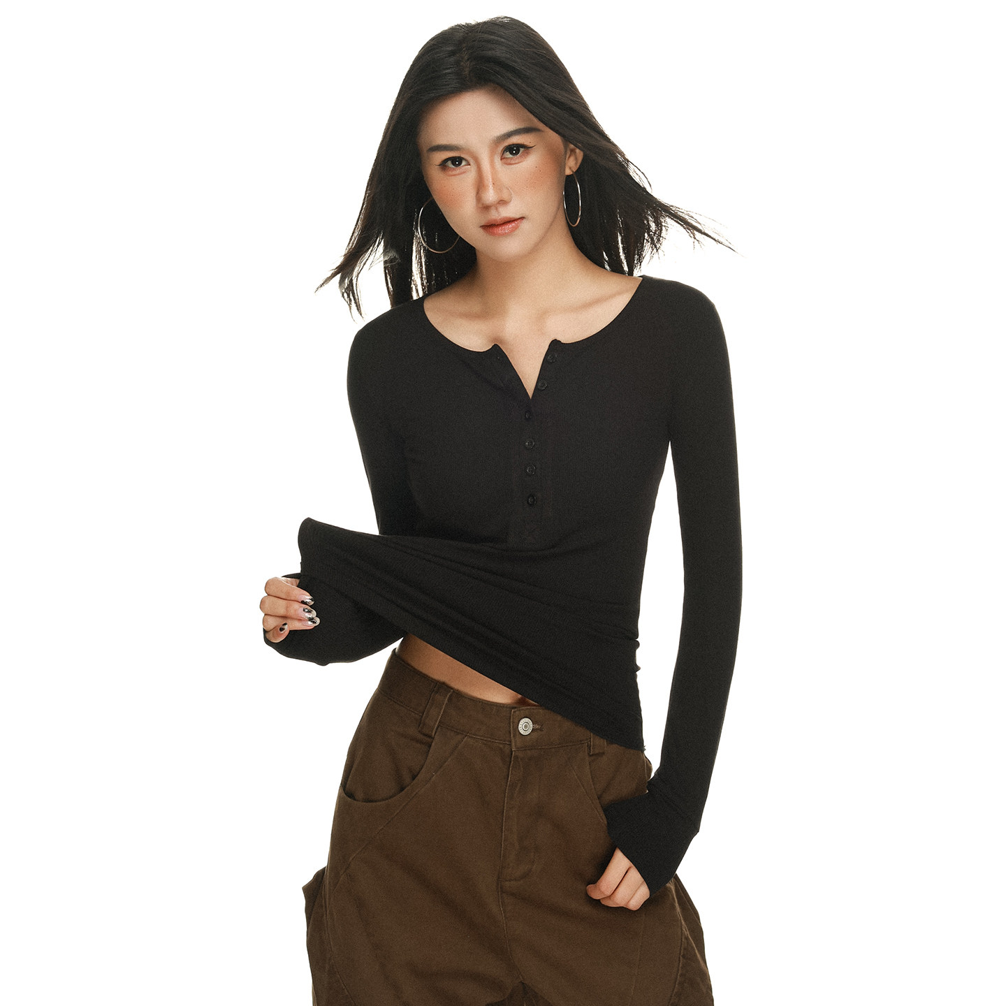 2025秋冬季欧美风修身百搭可开扣半开领设计打底衫女长袖纽扣上衣,女装/女士精品,T恤,淘宝优惠券,粉丝福利购,淘宝优惠卷