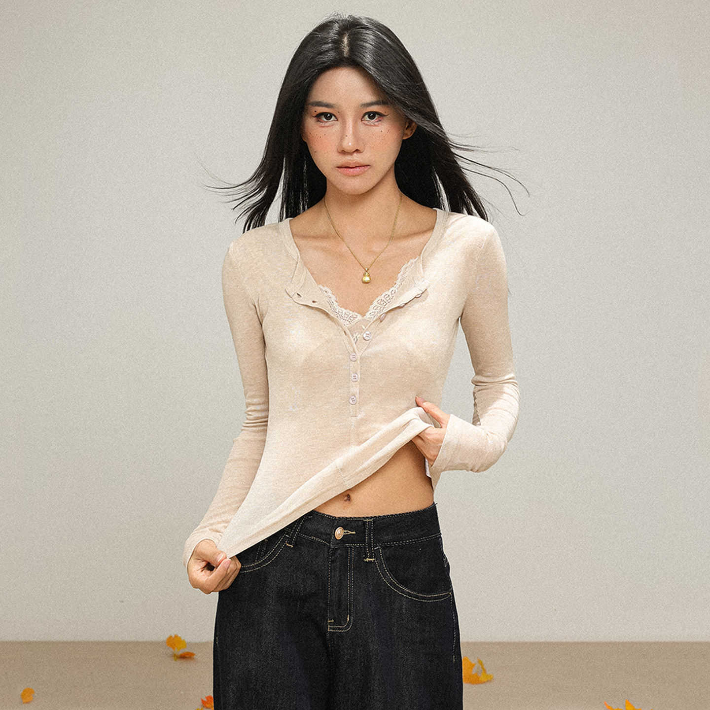 天丝羊毛长袖蕾丝打底T恤女秋季