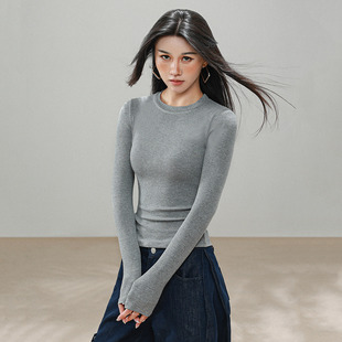 2026螺纹美式正肩小衫长袖t恤女秋冬季磨毛打底修身百搭齐腰上衣