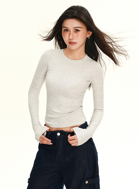 2026螺纹美式正肩小衫长袖t恤女春秋冬磨毛打底修身百搭齐腰上衣