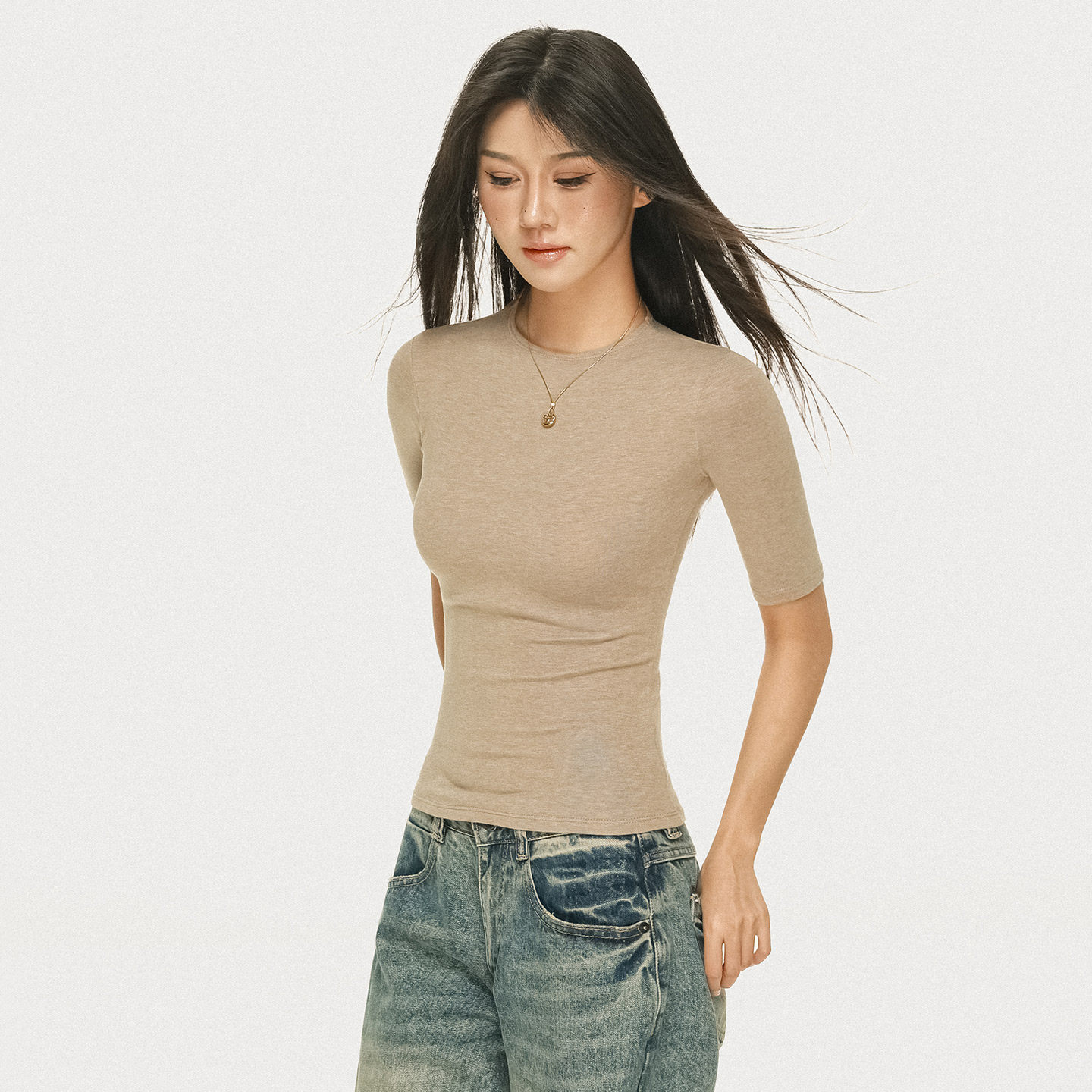 美式修身圆领五分袖T恤女设计感遮肉显瘦中袖亲肤正肩中袖上衣夏