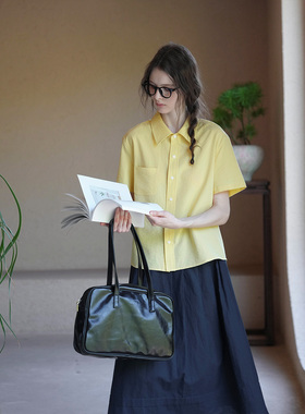 自制多巴胺鹅黄色短袖衬衫女夏显白透气小众设计感休闲通勤衬衣女