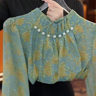 新款 女2026春秋季 显瘦绿色碎花上衣 印花钉珠衬衫 直播爆款