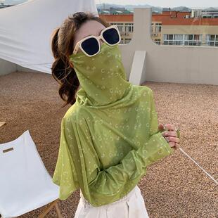可戴安全帽纯色防晒披肩女夏季新款遮脸开 车长袖耳挂面罩斗篷电