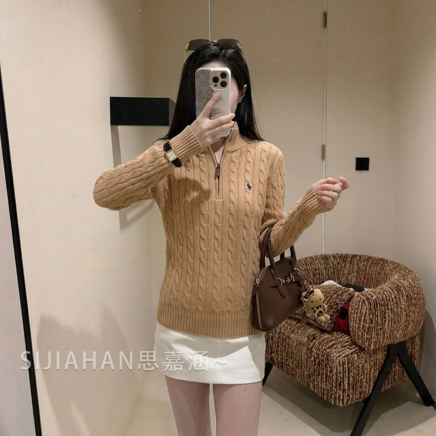 思嘉涵 老钱时尚！卡其色刺绣半拉链针织衫女25秋冬新款麻花毛衣