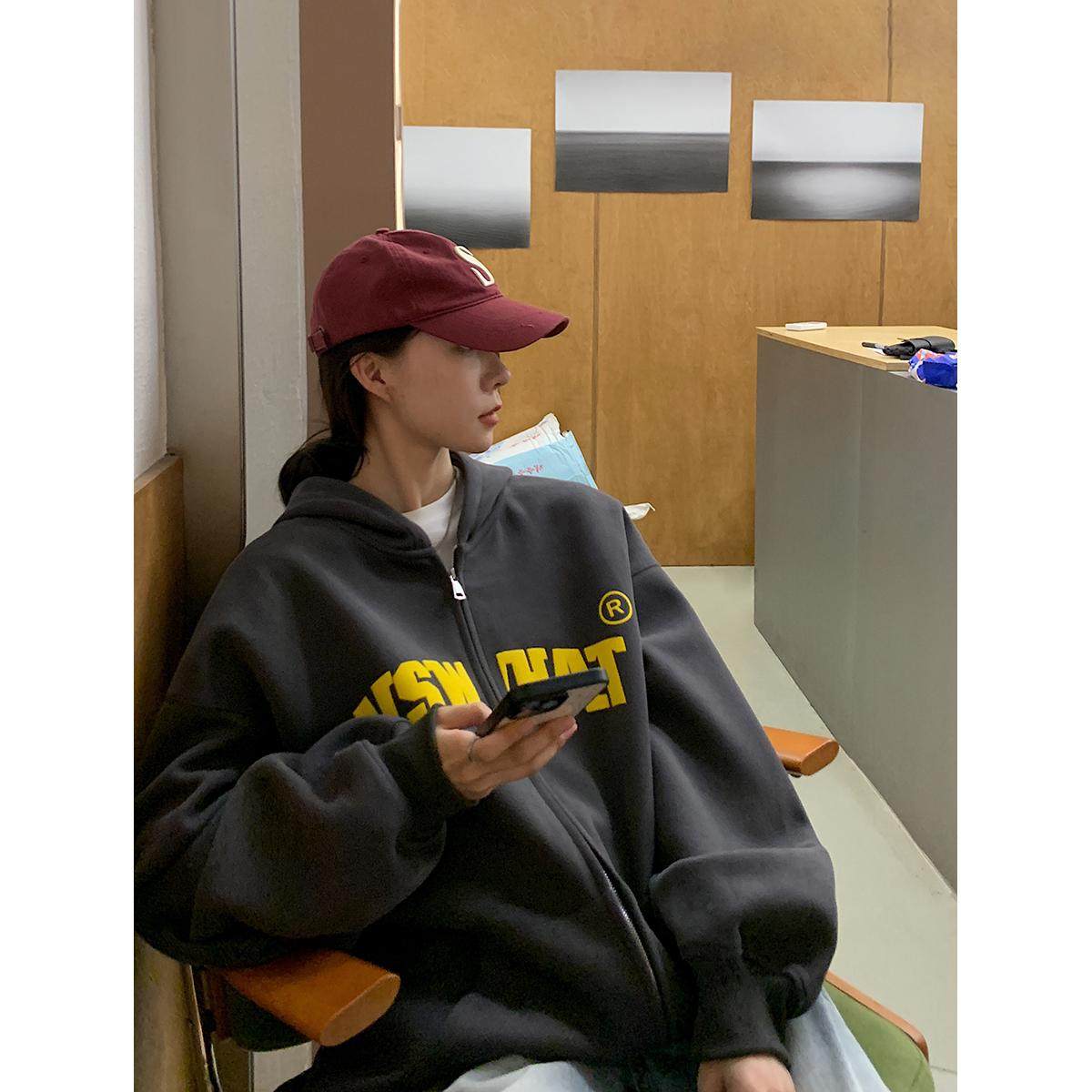 Vs what 原创设计高品质重磅发泡植绒印花连帽卫衣休闲开衫外套女