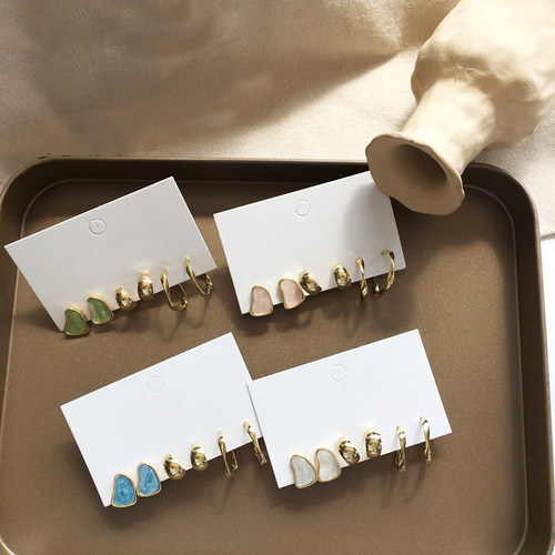 Delicate Jewelry 3 Sets Earrings Green Blue Pink Enamel
