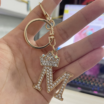 Creative 26 Letter Rhinestone Crown Keychain For Women Gold