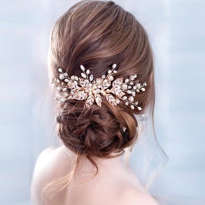 Trendy Leaf Pearl Rose Gold Wedding Hair Combs Tiara Bridal