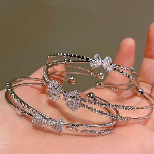 New Fashion Sweet Bow Zircon Silver Color Copper Open