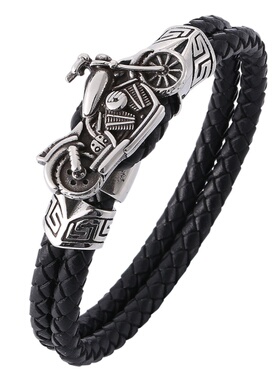 Motorcycle Leather Bracelet for Men Double Rope Chain Casual