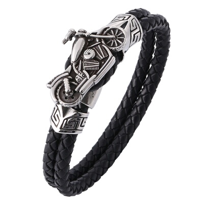 Motorcycle Leather Bracelet for Men Double Rope Chain Casual