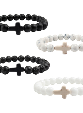 Charm Natural Stone Bracelet Cross Black Lava Matte Beaded