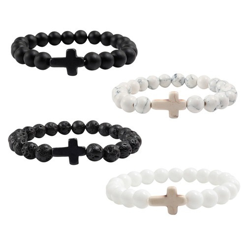 Charm Natural Stone Bracelet Cross Black Lava Matte Beaded