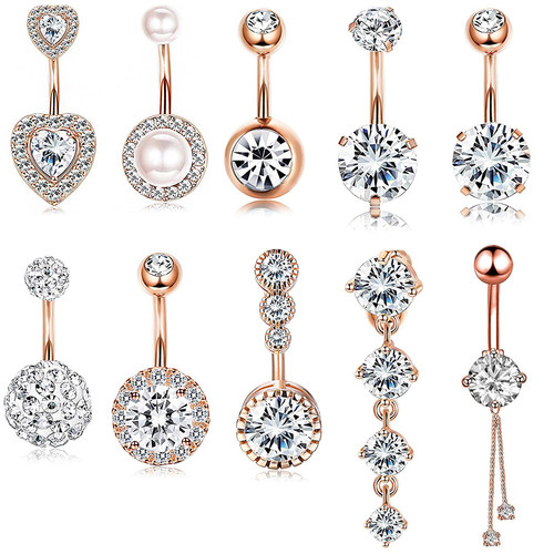14G Double Round Cubic Zirconia Oreille 4 Crystal CZs Belly
