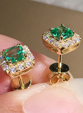 Eternity Green CZ Stud Earrings for Women Gold Color Luxury