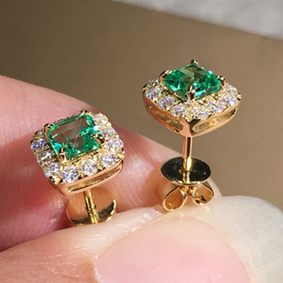 Eternity Green CZ Stud Earrings for Women Gold Color Luxury