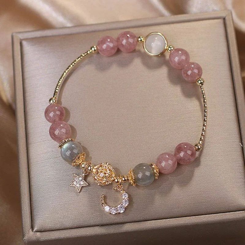 Natural Strawberry Crystal Moon and Star Pendant Bracelet,