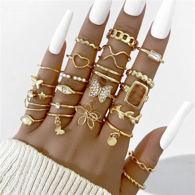23pcs Hiphop Gold Color Geometric Rings Set For Women Girls