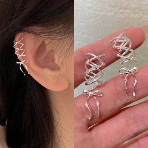 1Pcs Fashion Silver Color Bow Cross Ear Clip Earrings for