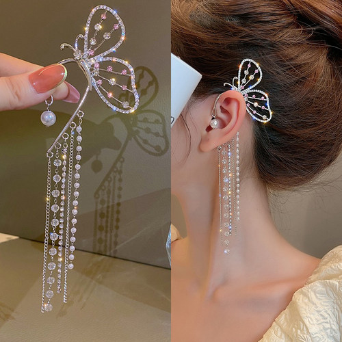 Fashion Crystal Butterfly Clip Earring for Women Pearl Bead