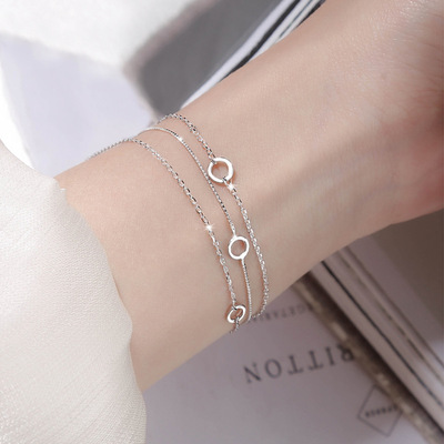Sterling Silver Three-Layer Chain Circle Bracelet For Women