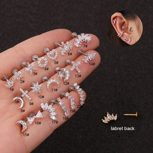 16G Cross Heart Flower Crown Cz Ear Studs Helix Piercing