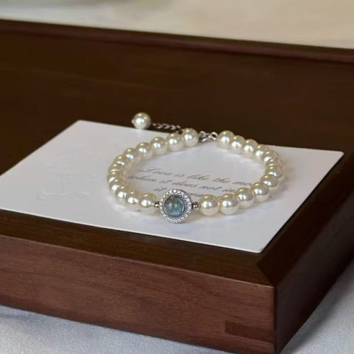 Sterling Silver Blue Cat's Eye Stone Pearl Bracelet for