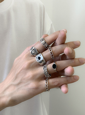 Goth Retro Silver Color Alloy Geometric Set Of Rings Men's