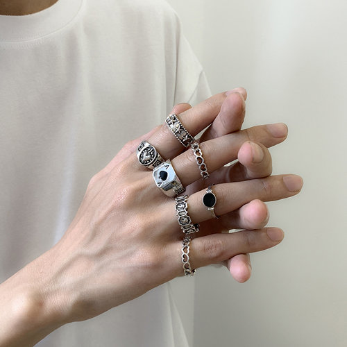 Goth Retro Silver Color Alloy Geometric Set Of Rings Men's