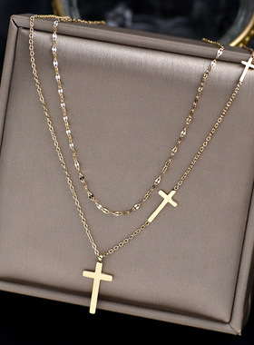 316L Stainless Steel Cross Double Layer Necklace Female