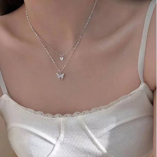 Women Shiny Butterfly Necklace Double Layer Pendant Cross