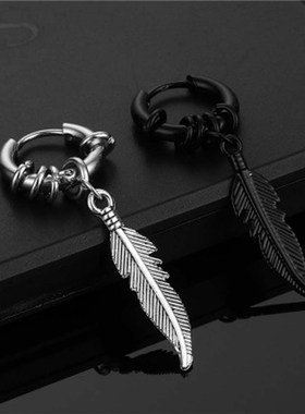 Fashion Feather Pendant Hoop Earrings For Men Punk Rock