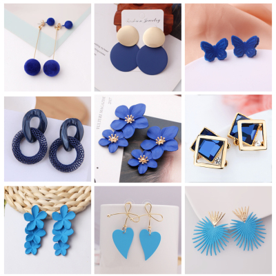 New Blue Color Dangle Earring for Women Round Metal Flower