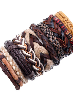 10 Pcs/set Handmade Weave Charm Wrap Leather Mens Bracelets