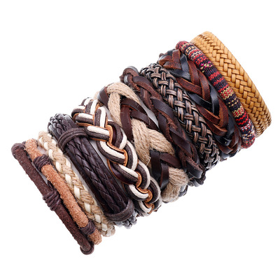 10 Pcs/set Handmade Weave Charm Wrap Leather Mens Bracelets