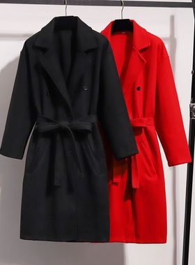 红色大衣特大码300斤女装胖MM秋冬毛呢外套中长款宽松加厚200呢子