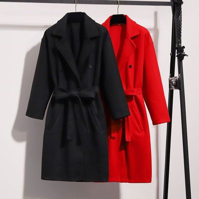 红色大衣特大码300斤女装胖MM秋冬毛呢外套中长款宽松加厚200呢子